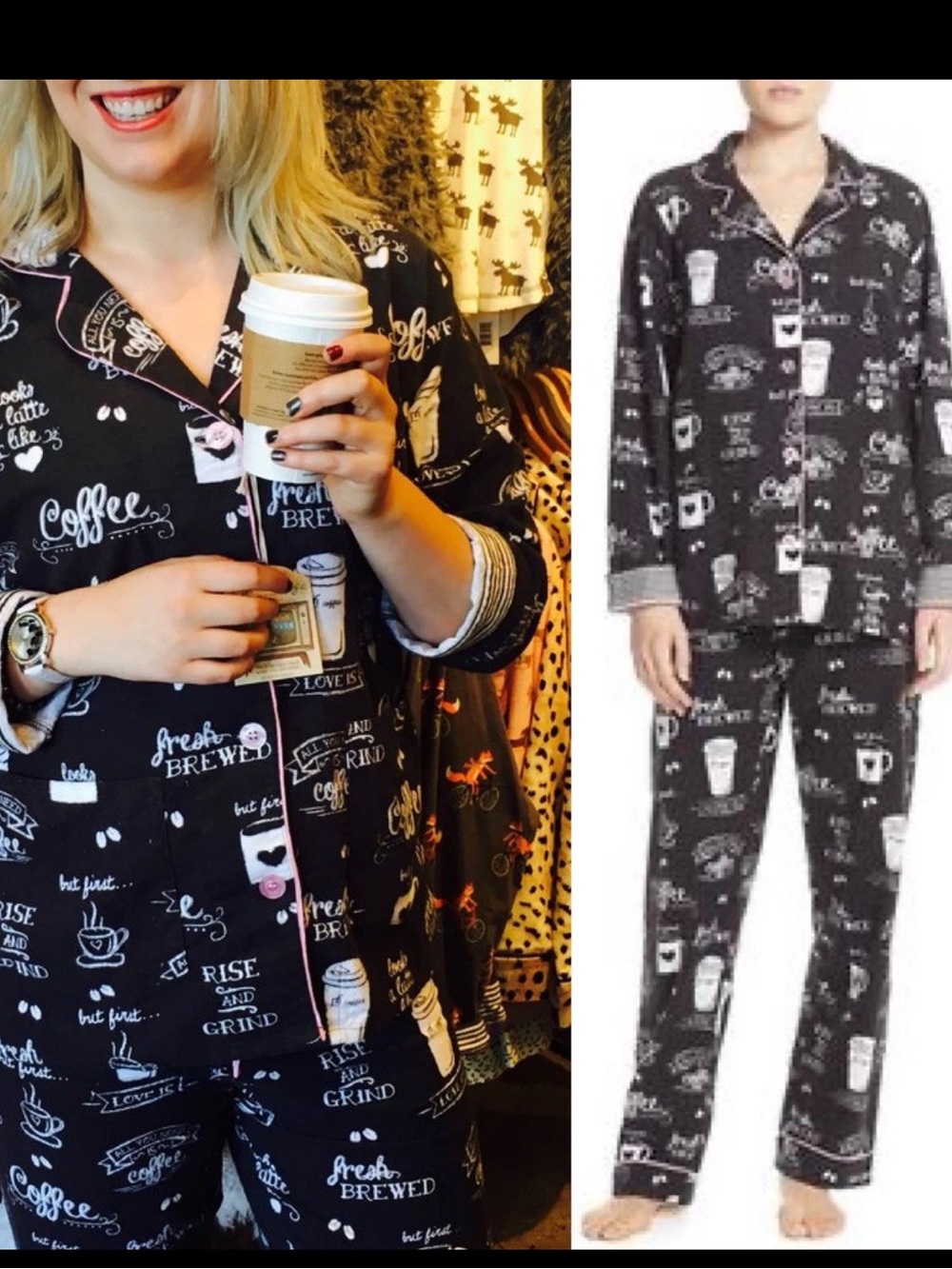 PJ Salvage Black Coffee Rise & Grind Print Pajama Set Women’s Medium